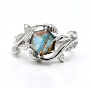 Labradorite Hexagon Shape Leaf Design Ring Solid Silver Jewelry Anniversary Gift - Picture 1 of 10