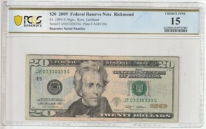 Fancy Serial Number Repeater & Binary 2009 $20 Dollar Bill #03330333 PCGS CF 15 - Picture 1 of 2