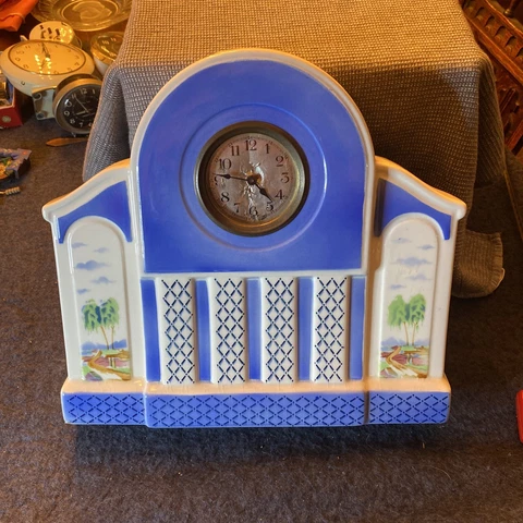 Antique Huge Porcelain Deco Wind Up Mantle Clock Blue Scenes Cover