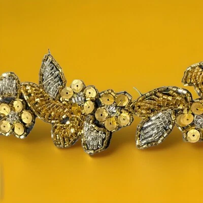 Vintage Silver & Gold Sequins Flower & Leaves Trim 2” X 11.994 Yards New - Image 1 of 4