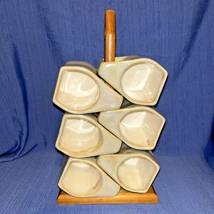 Rodolfo Padilla Drip Glazed Coffee Mugs With Wood Stand Signed Set of 6 - Picture 1 of 14