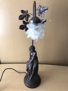 Vintage Bronze Lady Table Lamp Art Nouveau Style White Petal Glass Shade - Picture 1 of 17
