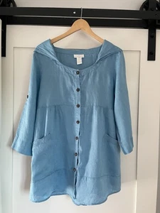 Soft Surroundings Leinen Top / Tunika mit Kapuze - Damen Medium - Blau - Bild 1 von 8