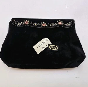 Cartera clutch de noche de terciopelo negro vintage Etra, bordado floral y marco de latón - Imagen 1 de 22