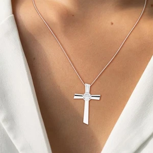 Colgante Cruz Diamante IGI Oro Blanco 14K 1 quilate + Cadena Corte Diamante Oro Blanco 14K - Imagen 1 de 4
