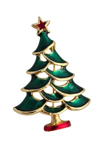 Vintage Brosche goldfarben und Emaille durchbrochen Weihnachtsbaum Urlaub - Bild 1 von 3