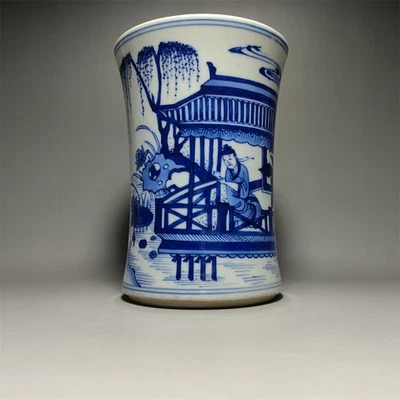 Chinese Antique Blue & White Porcelain Figure Brush Pot   - Image 1 of 4