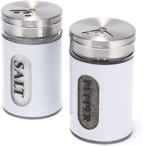 Salt and Pepper Shakers Stainless Steel Glass Set Adjustable Pour Holes (White) - Picture 1 of 12