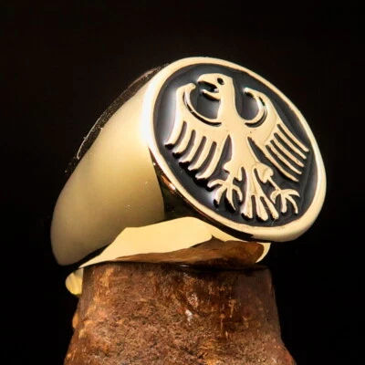 ROUND MENS BRASS SIGNET RING GERMAN EAGLE SEAL COAT OF ARMS BLACK SIZE 7.5 - Image 1 of 4