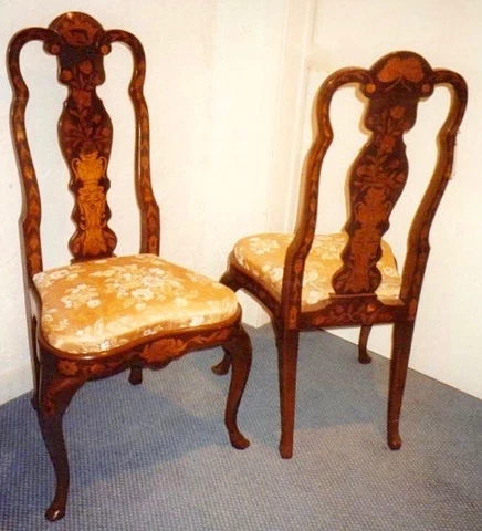 1 2 SUPERB Italian Vtg “WM & MARY DUTCH” SIDE CHAIRS- WALNUT BURL MARQUETRY EUC Cover