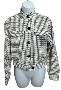 Chaqueta de tweed a cuadros Shein Essence talla pequeña negra blanca con botones cuello delantero - Imagen 1 de 6