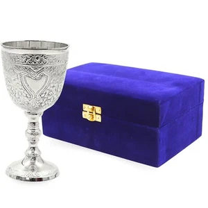 Brass Silver Goblet For Communion Cup Handmade Embossed Wine Chalice with box - Picture 1 of 6