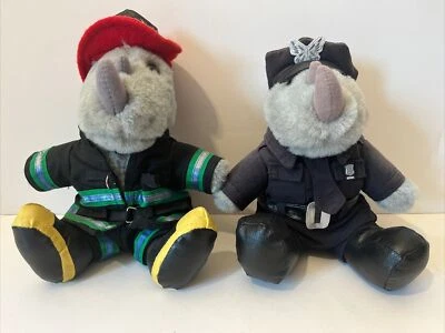 Rhinocort Aqua Mascot Rhino Stuff Plush 9” Fireman, Police Officer Set Of 2 - Image 1 of 4