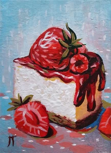 ACEO Print of Painting Food Art Strawberry Cheesecake Miniature Still Life - Picture 1 of 2
