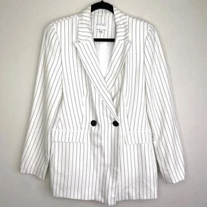 Witchery Double Breasted Blazer jacket size 12 white black pinstripe pockets - Picture 1 of 11