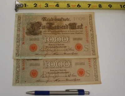 Group of 2 - German Empire 1910 - 1,000 Mark Reichsbanknote. Lg Notes - 7 1/2" - Image 1 of 4