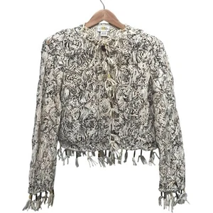 Sandy Starkmam Cotton Long Sleeve Fringe Trim Button Front Jacket White/Brown L - Picture 1 of 10