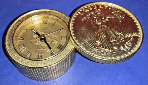 Bulova Quartz Lady Liberty Gold-Colored Twenty Dollar Stack Wind Up Alarm Desk Cover
