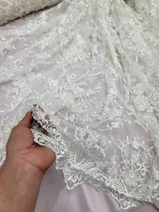 OFF WHITE Beaded Embroidery Bridal Lace Fabric By The Yard Wedding Fabric Scallo - Picture 1 of 10
