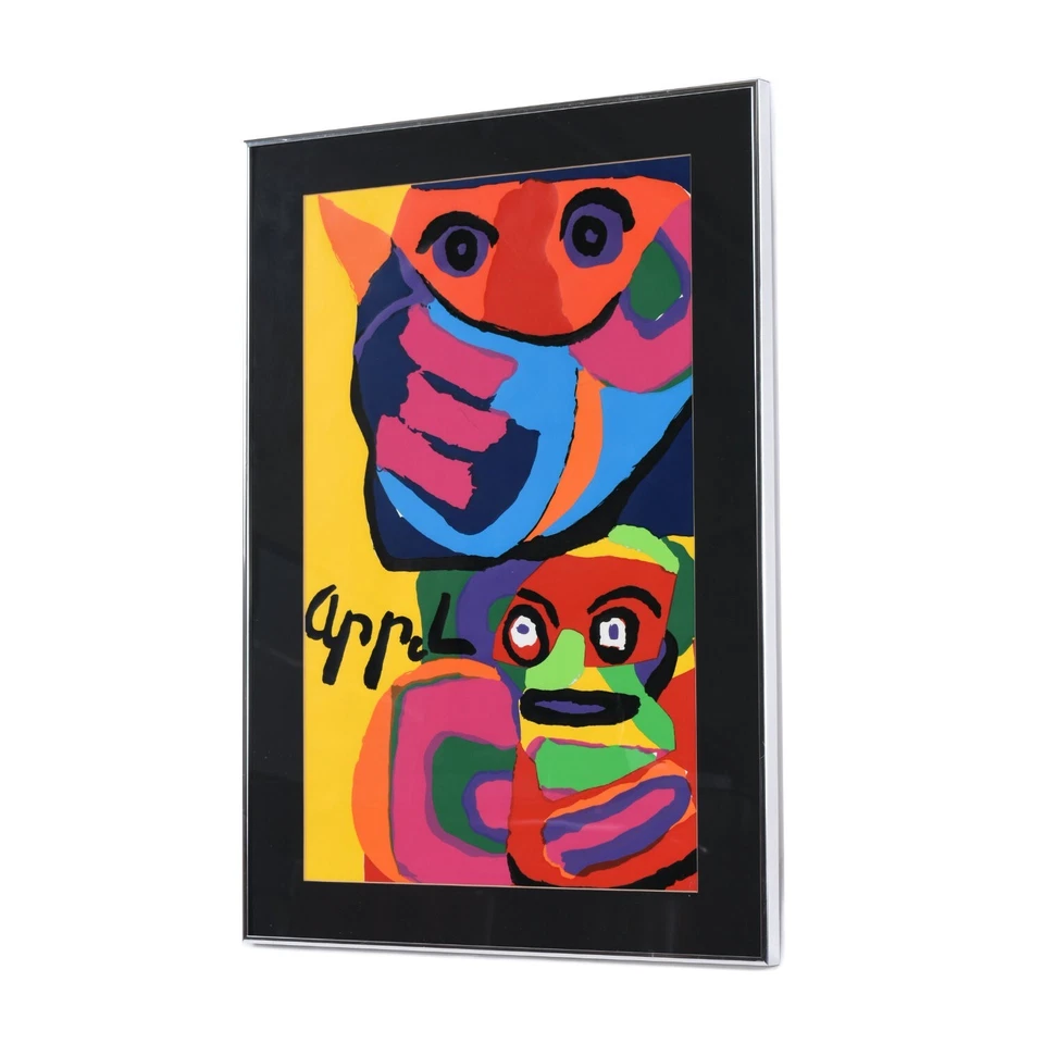Estampa emoldurada colorida de rinoceronte e macaco Karel Appel década de 1960 - Imagem 1 de 4