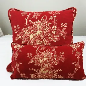 Red Toile Set 2 Waverly Rectangle Square Decorative Throw Pillow Cover Cording  - Picture 1 of 5