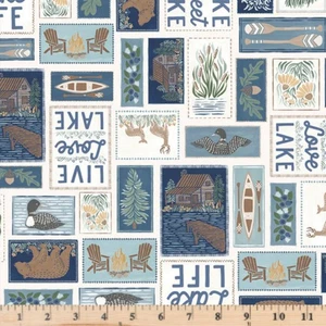 Lakeside Days Ecrù Live Love Lake 5731 E Tessuto Cotone Vendita Tessuto a mezza yd - Foto 1 di 2