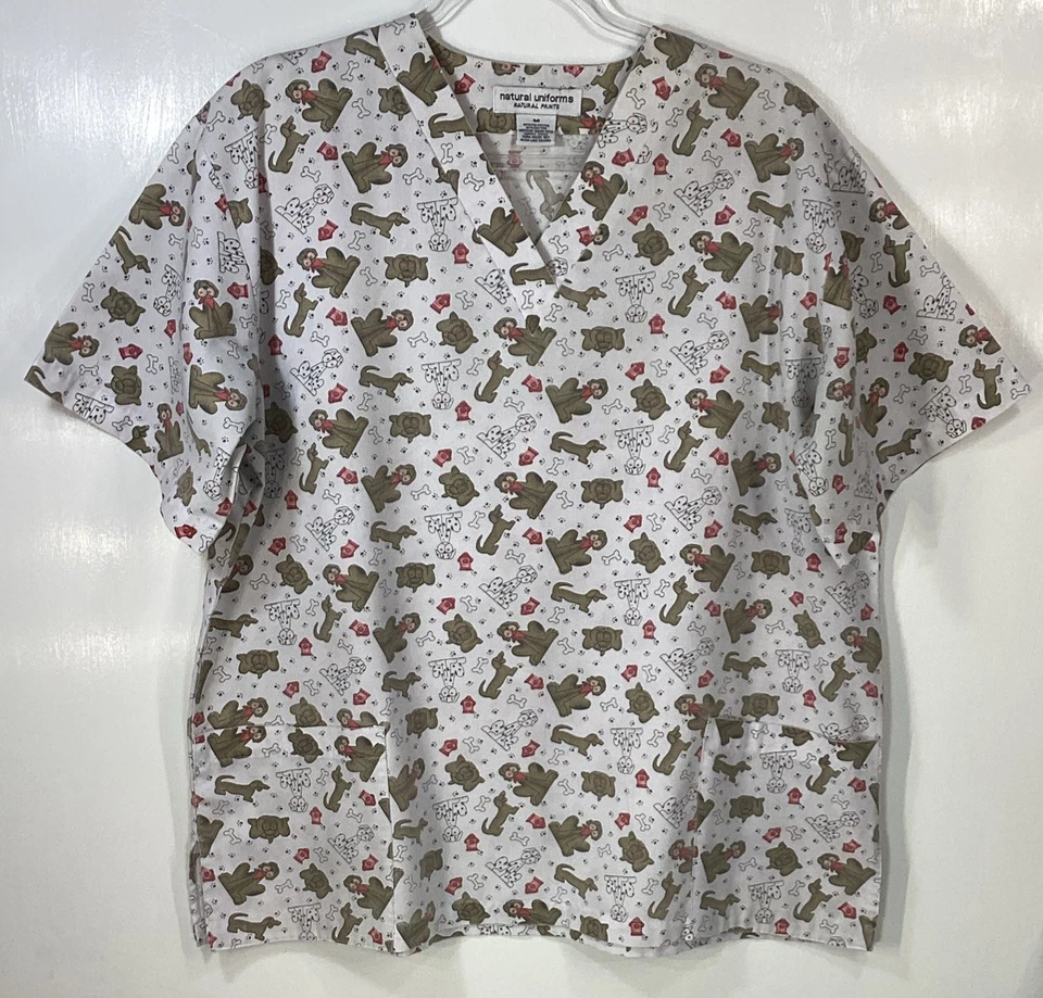 Scrub Top womens size M Medium Dogs Hydrants Bones Vet Tech Groomer dalmatian - Image 1 of 3