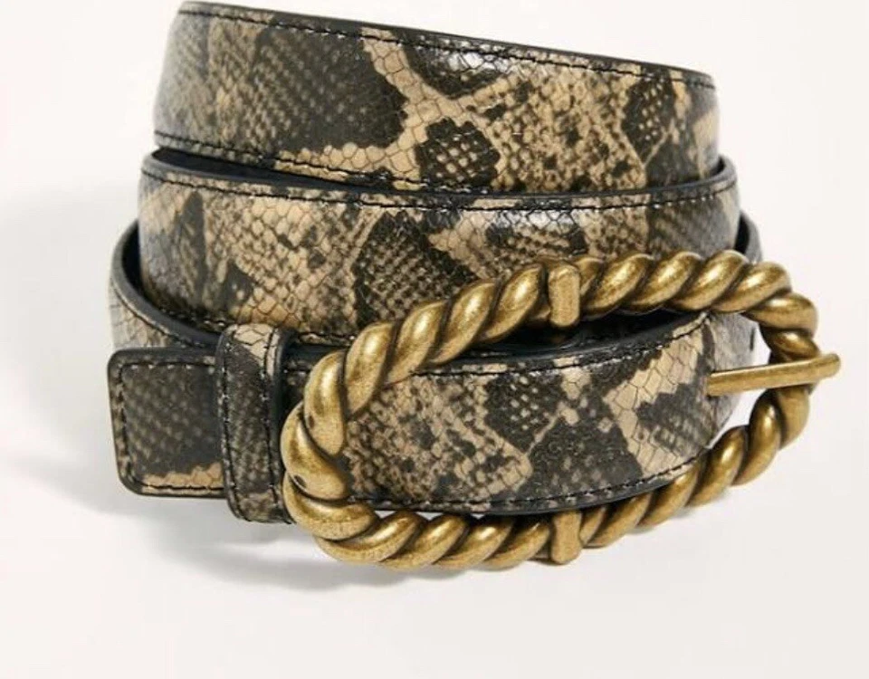 Free People Sophie Small/Medium Snake Print Leather Brass Buckle Belt, NEW! - Image 1 of 4