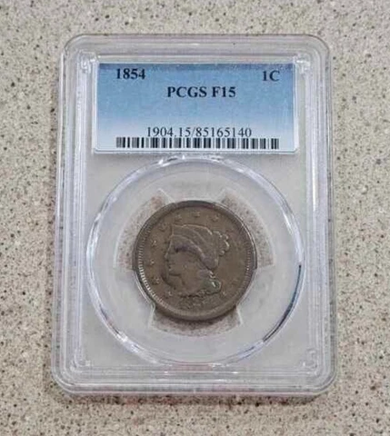 1854 Large Cent 1C Braided Hair Coin PCGS F15 Liberty Head- Copper Coin 13 Stars Cover