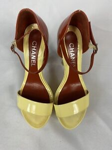 CHANEL Size 37.5  Cream Burgundy High Heel Patent Leather Wedge Shoes