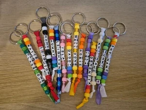 PERSONALISED HANDMADE BEADED KEYRINGS for bookbag, keys, gifts, any name colour - Picture 1 of 24