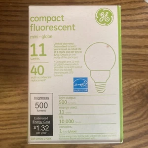 GE Mini Globe CFL 11 W 500 Lumen Soft White 2700K Vanity Light Bulb - Picture 1 of 1