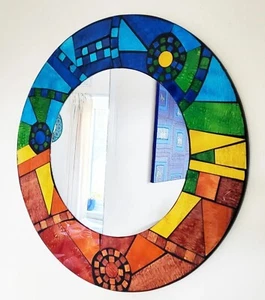 Spiegel rund Mosaik Wandspiegel, türkis orange und blau, handmade in Bali 50cm NEU - Bild 1 von 7