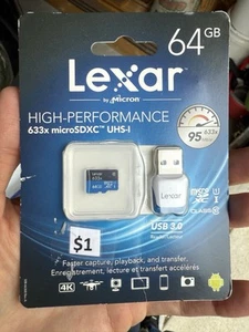 Lexar 64GB 633X 95MB/s Class Micro SD Card, USB 3.0 Reader LSDMI64GBBEU633 NEW - Picture 1 of 2