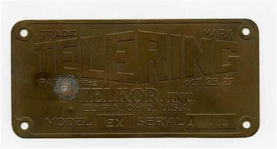 TELERING Brass Plate by Telkor Inc Elyria Ohio Pat 1646662 Oct 25, 27 - Image 1 of 2