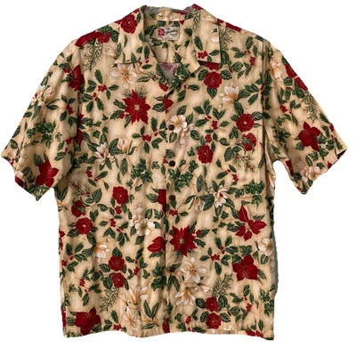 Camisa havaiana masculina Hilo Hattie GG - Natal verde poinsétia, vermelha 100% algodão - Imagem 1 de 4