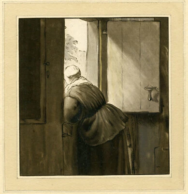 Antigua impresión maestra - MUJER - INCLINADA - PUERTA INFERIOR - furgoneta Amstel - Rembrandt - 1763 Foto 1 de 2