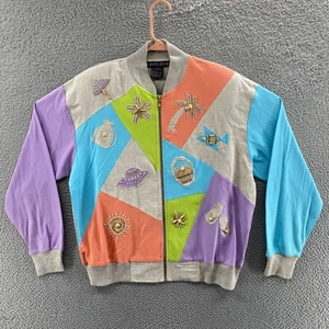 VINTAGE IB Diffusion Jacket Women Medium Beach Tropical Linen Zip Up Artsy 90s - Picture 1 of 13