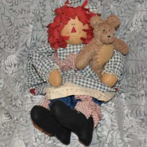 Hausgemachte Raggedy Ann Puppe grün Gingham gefüttert Kleid Unterhose Landhaus Antik Stil - Bild 1 von 7