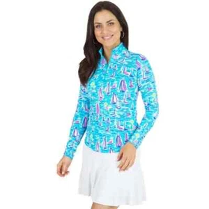 NWT IBKUL DARLING SAIL TURQUOISE HOT PINK Long Sleeve Mock Shirt S M L XL XXL - Picture 1 of 3