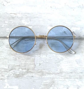 Blue Tinted Sunglasses Retro Round Gold Frames Glasses NEW - Picture 1 of 4
