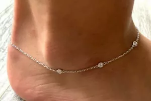Women 0.05cts Cubic Zirconia Style Adjustable Anklet White Gold Plated Silver - Picture 1 of 5