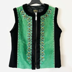 Bob Mackie Wearable Art Suede Leather Green Folk Art Full Zip Vest Size 1X New - Picture 1 of 22