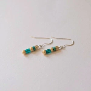 Faux Emerald Rectangle Bead Earrings Turquoise Glass Sterling Silver Ear Wires - Picture 1 of 5