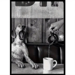 Funny Yawning Dog With Coffee Framed Canvas Art Picture Print Large 60cm x 40cm - Picture 1 of 5