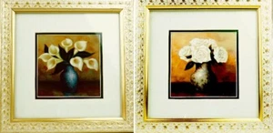 2 Floral Art Prints - White Calla Lilly's & White Roses in Vases w Gilded Frames - Picture 1 of 5