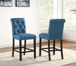 Leviton Solid Wood Tufted Asons Counter Height Stool, Set of 2, Blue - Picture 1 of 4