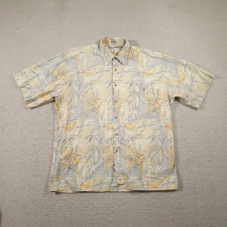 Vintage Pierre Cardin Shirt Mens Large Beige Blue Hawaiian Cocktail Print 90s - Image 1 of 4