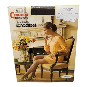 Vintage Sears Cling-alon Pantyhose Ultra Sheer Average Warm Brown Sandalfoot - Picture 1 of 2