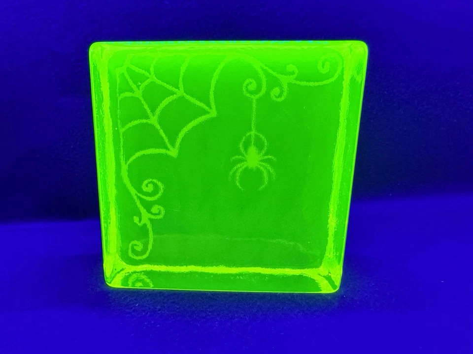 Uranium Glass Vaseline Spider Web Window Brick Sign Etched Vaseline Hand Made - image 1 of 4